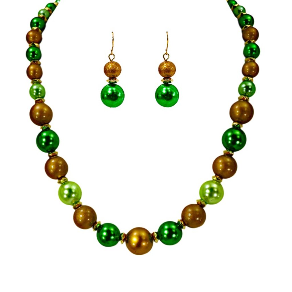 Green And Gold Bead Necklace And Earring Set With Round Beads Colorful Necklace